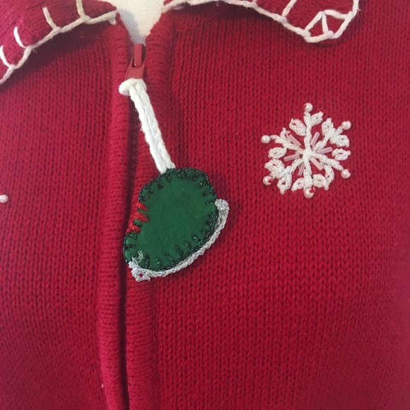 Heirloom Collections Cardigan Christmas Sweater Embroidered Beaded Zip Up Red - Picture 5 of 10
